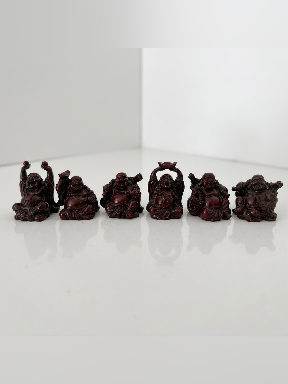 Set of 6 Vtg Red Resin Laughing Buddha Figurines - Feng Shui Good Luck Statues